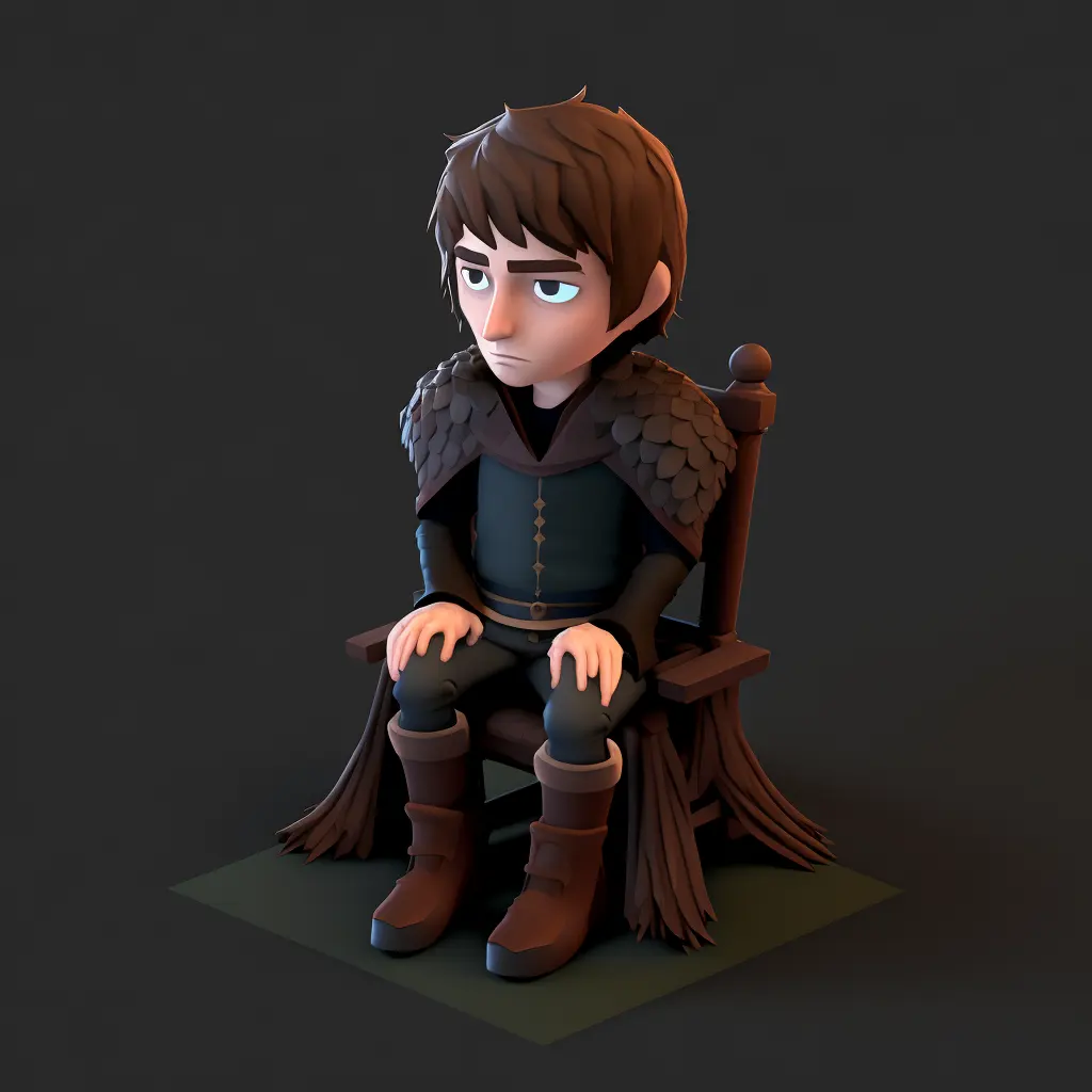 Bran Stark, full body, sitting, game, blender 3d, style of behance. Style of Clash Royale, isometric